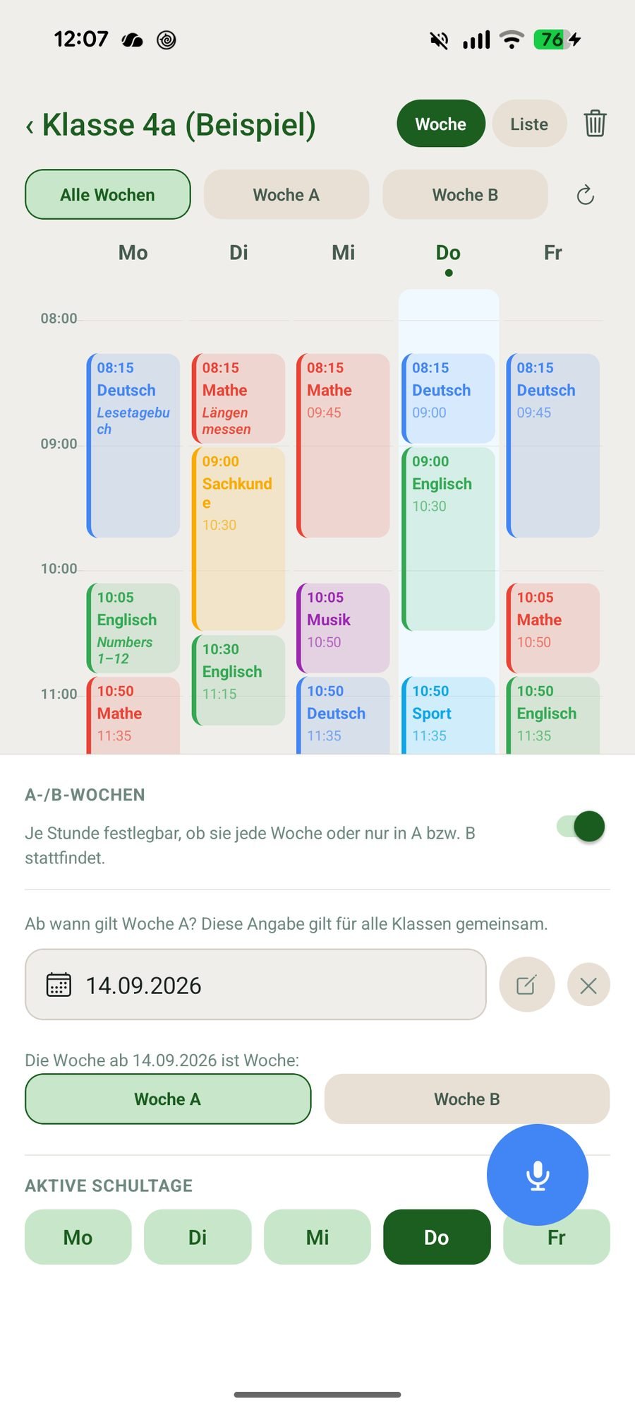 Stundenplan mit A-/B-Wochen-Schalter und Referenzdatum