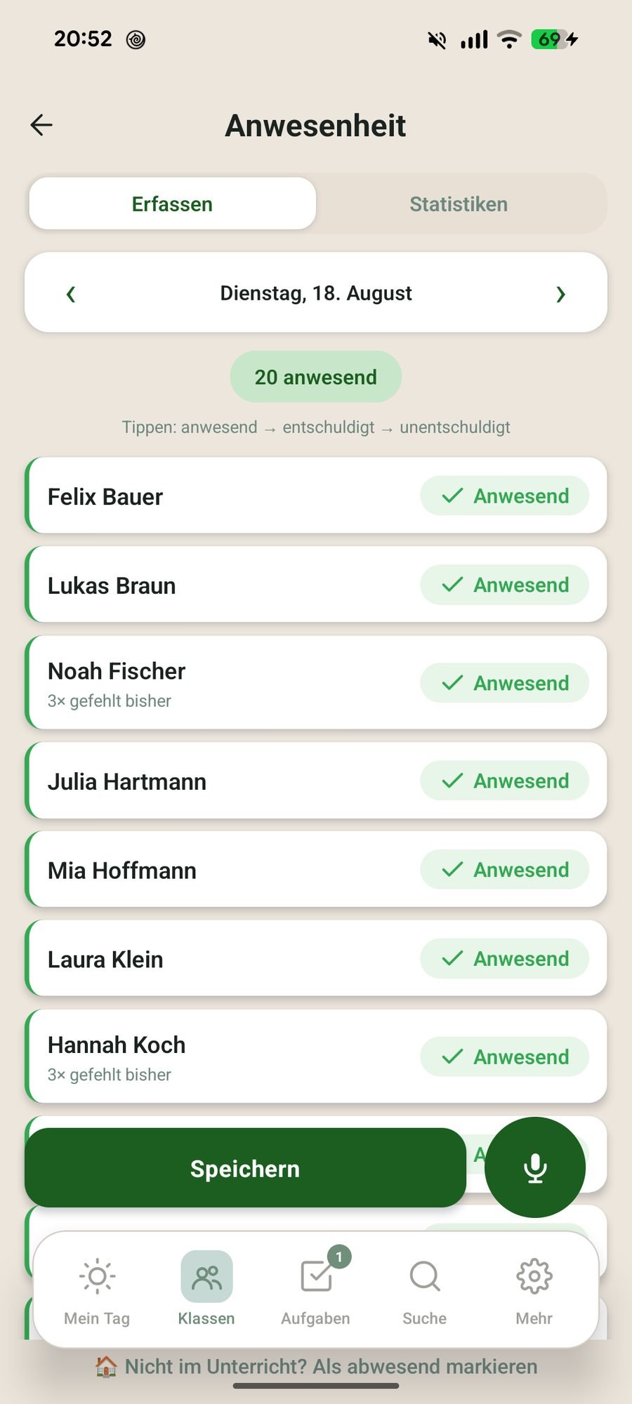 Anwesenheitserfassung mit Status pro Kind