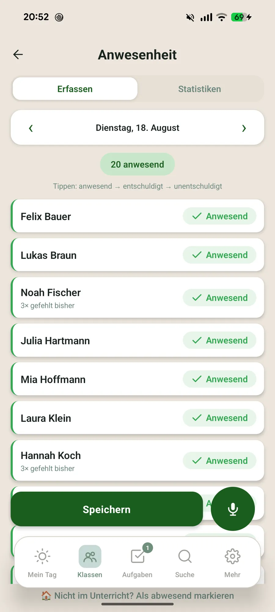 Klassenblick App – Anwesenheit