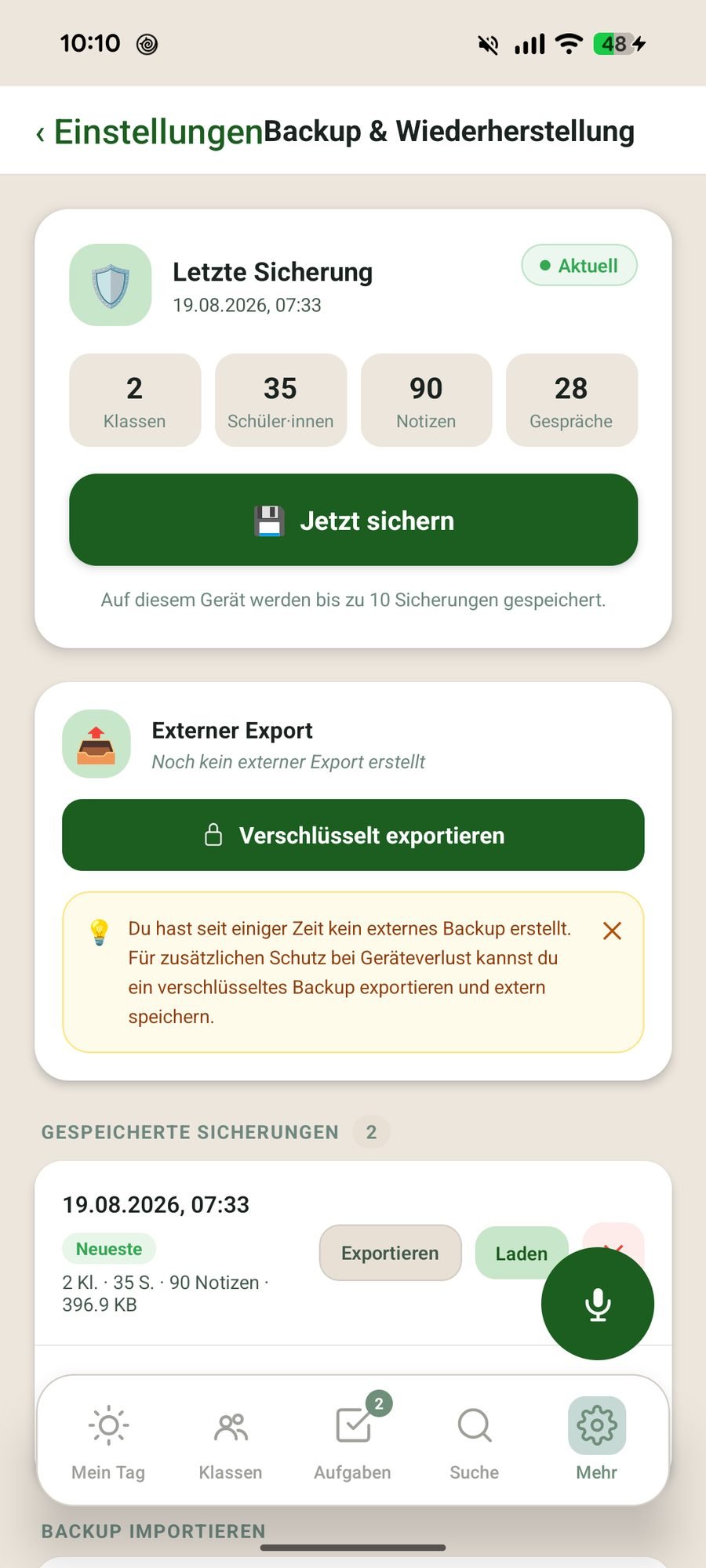 Backup und Wiederherstellung mit verschlüsseltem Export