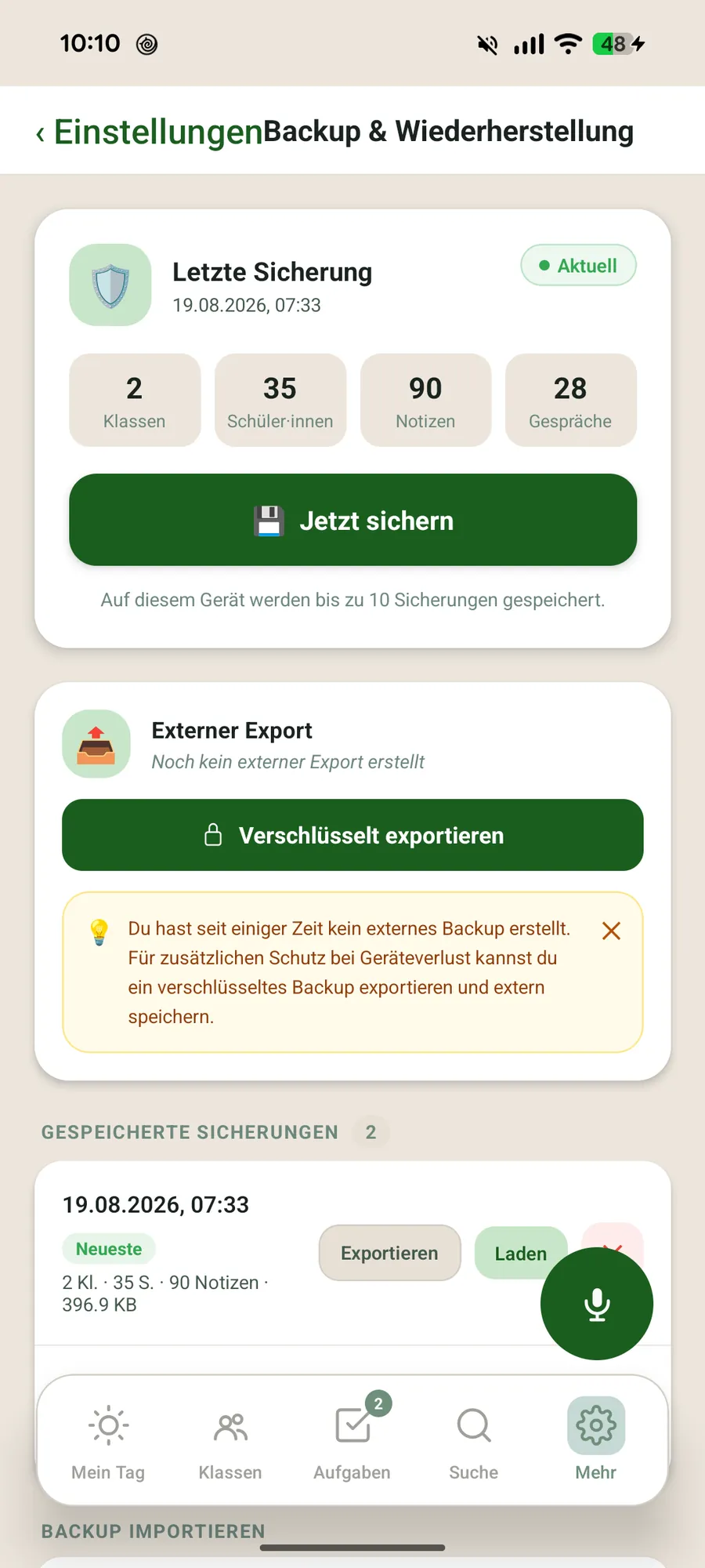 Klassenblick App – Backup & Verschlüsselung