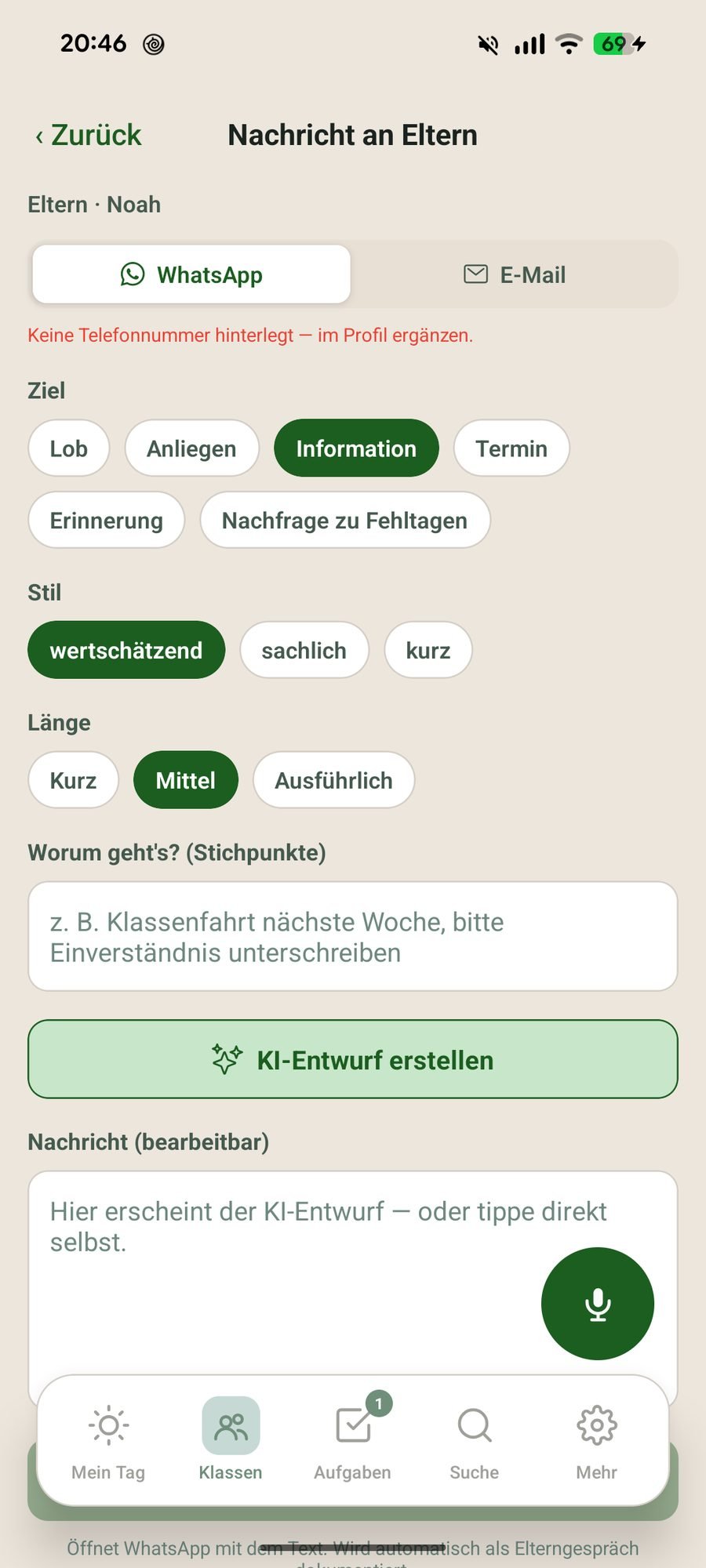 Aus Stichworten formulierte Elternnachricht
