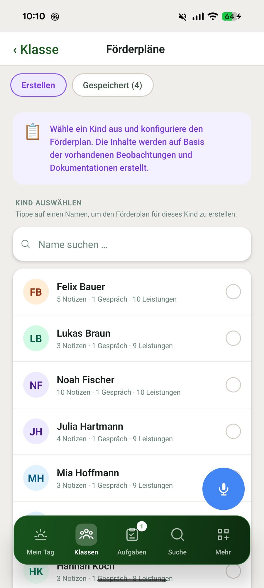 Förderplan-Erstellung mit Auswahl des Kindes