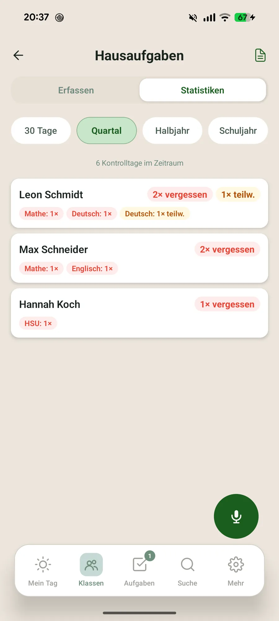 Klassenblick App – Hausaufgaben