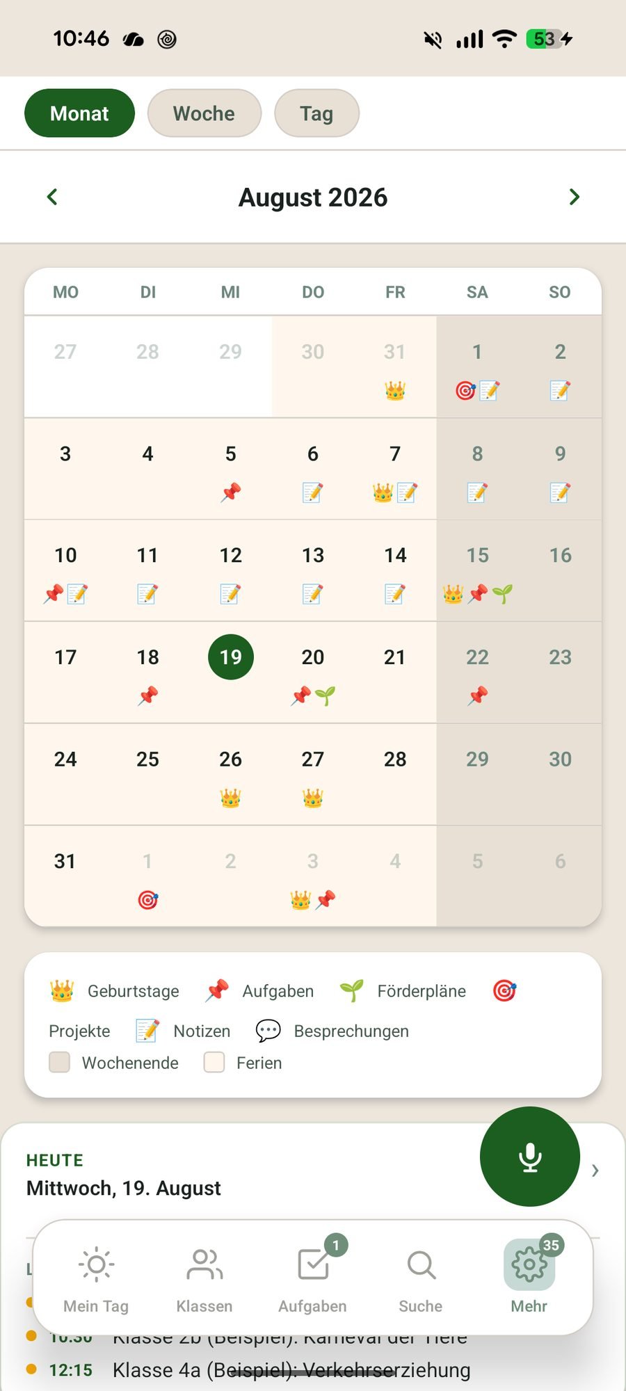 Monatskalender mit Geburtstagen, Aufgaben, Förderplänen und Ferien