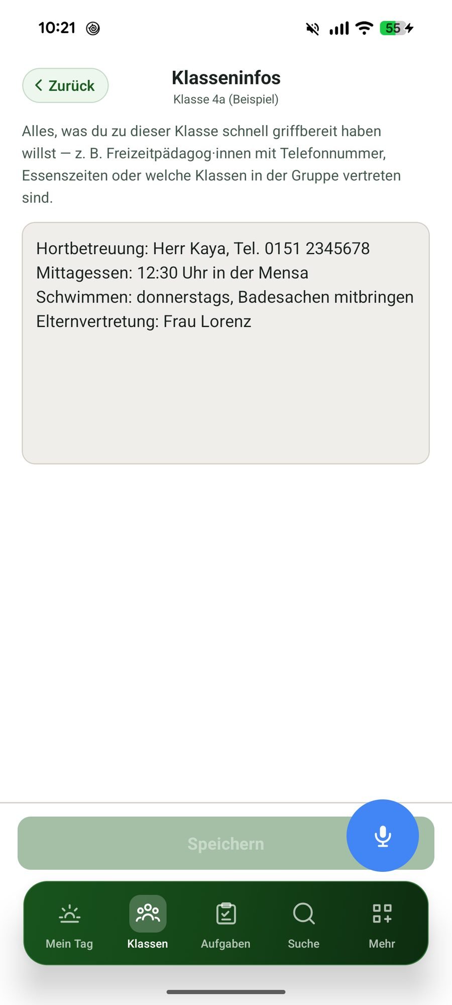 Klasseninfos mit Betreuung, Essenszeit und Schwimmtag