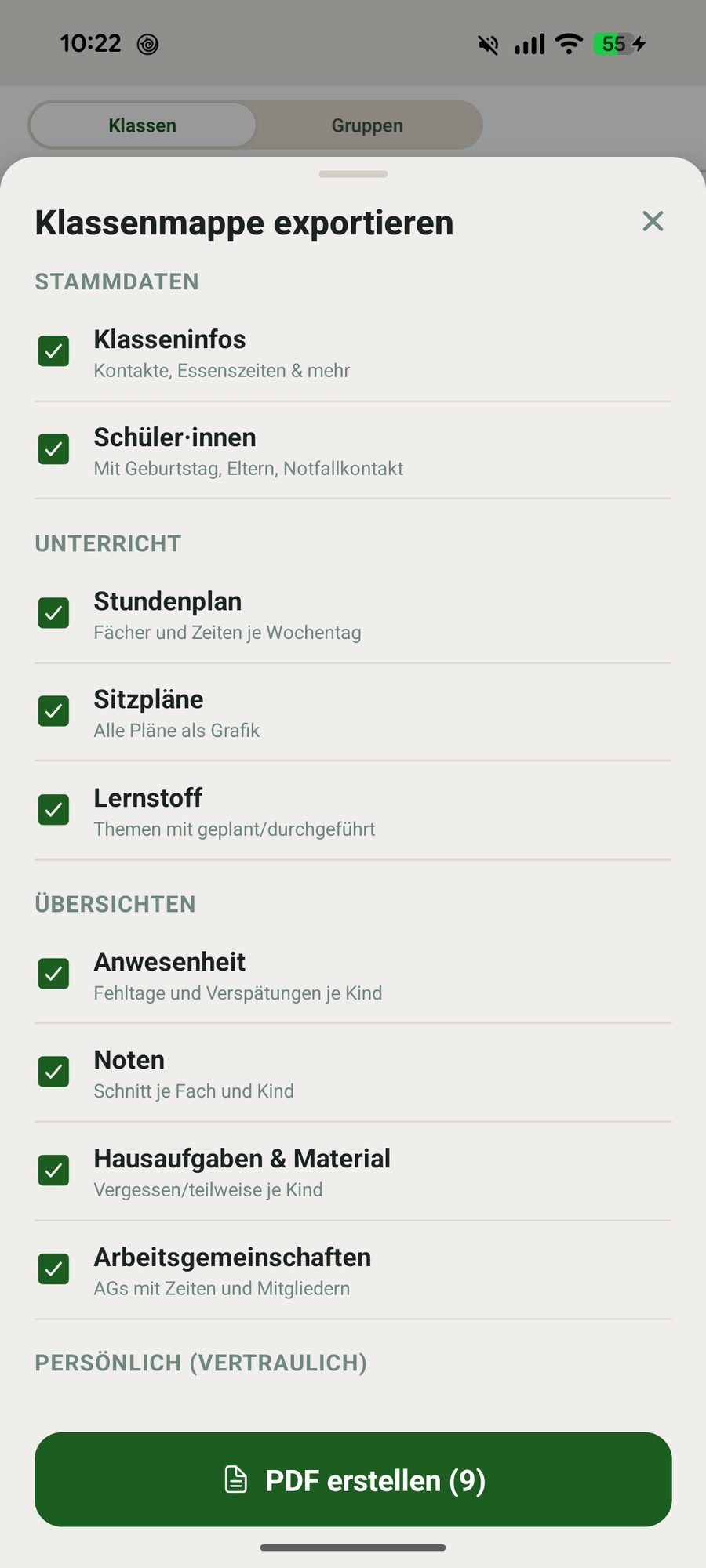 Auswahl der Bereiche für die Klassenmappe als PDF