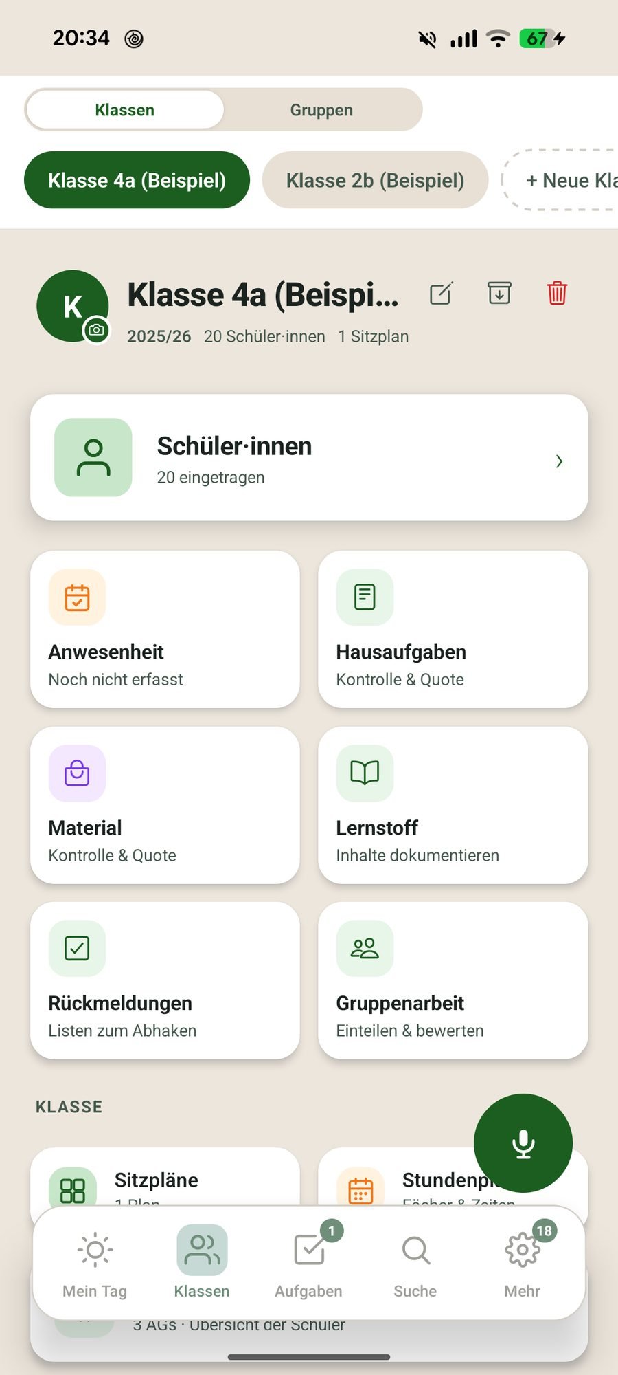 Klassenübersicht mit Schülerzahl, Terminen und offenen Aufgaben