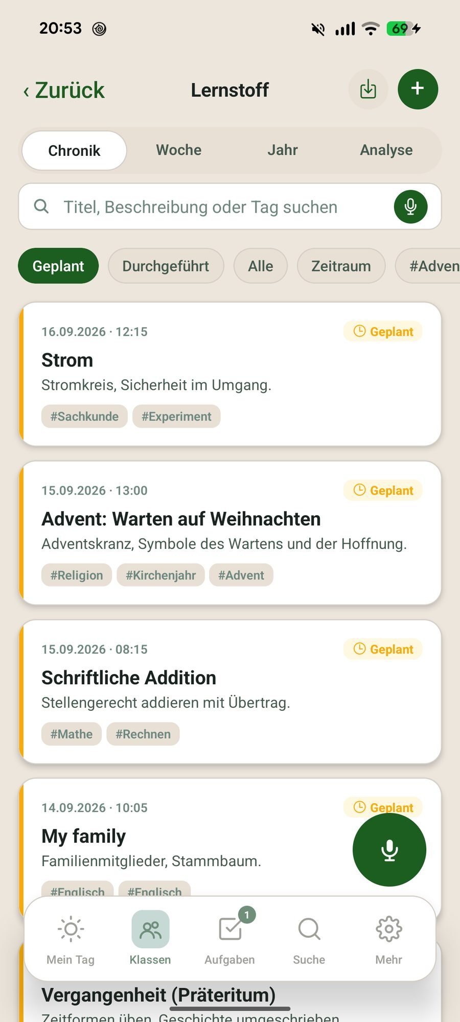 Lernstoff-Chronik mit geplanten und durchgeführten Themen