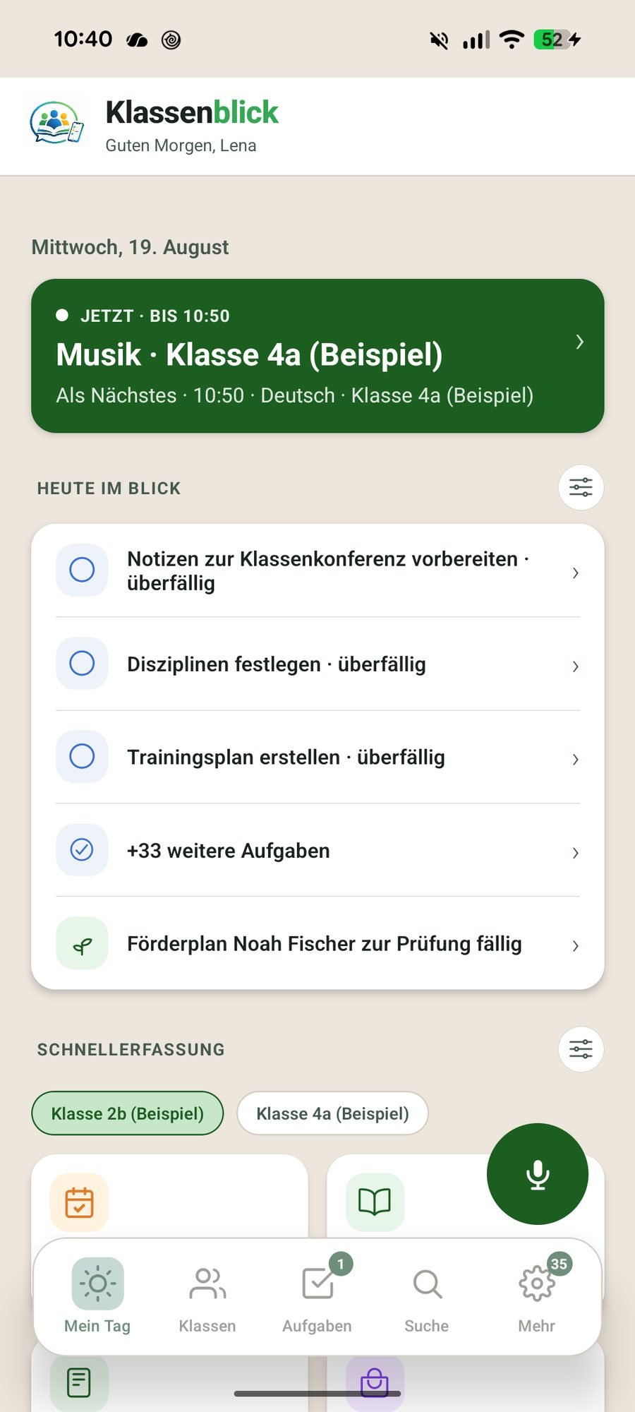 Startseite mit laufender Stunde, offenen Aufgaben und Erinnerungen