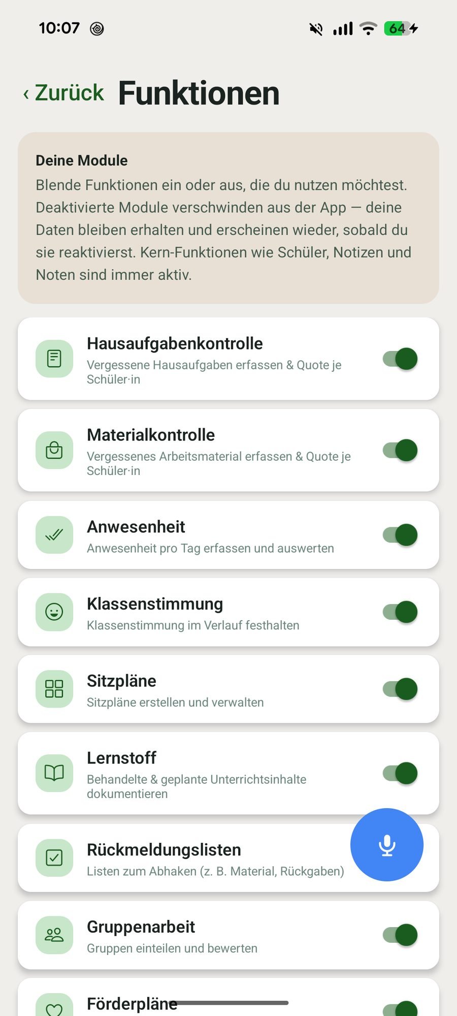 Funktionen verwalten mit Schaltern je Modul
