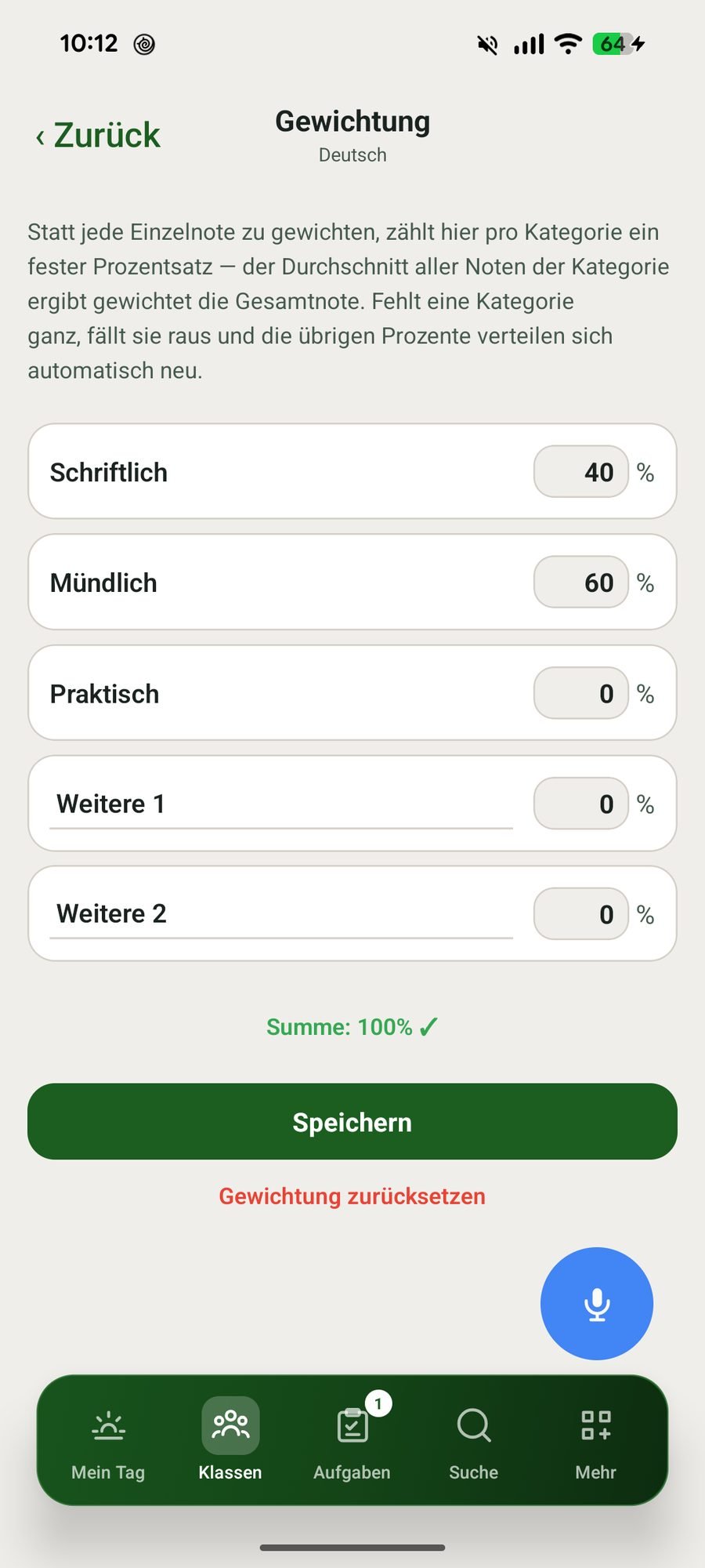 Notengewichtung je Kategorie mit Prozentsätzen
