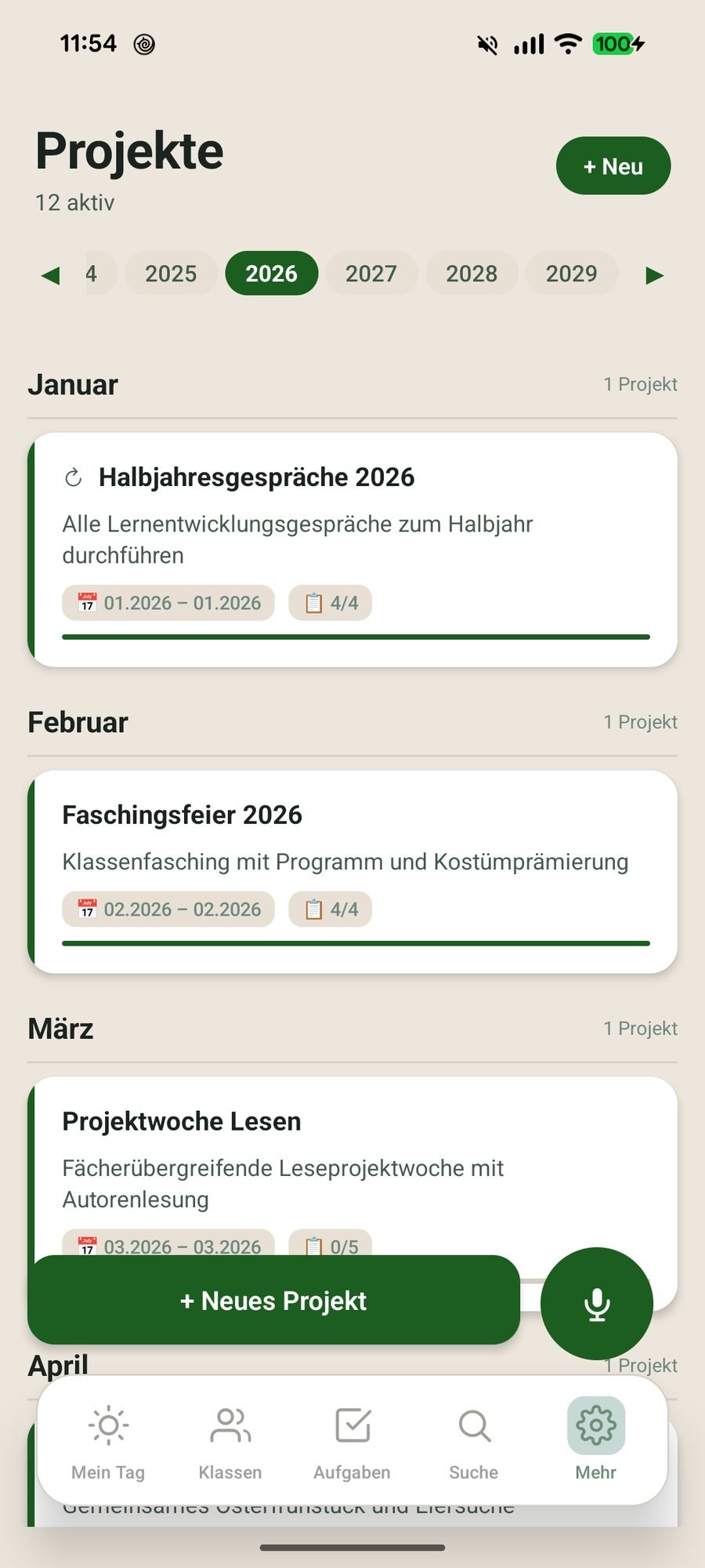 Projektübersicht mit Zeitraum, Aufgaben und Fortschritt