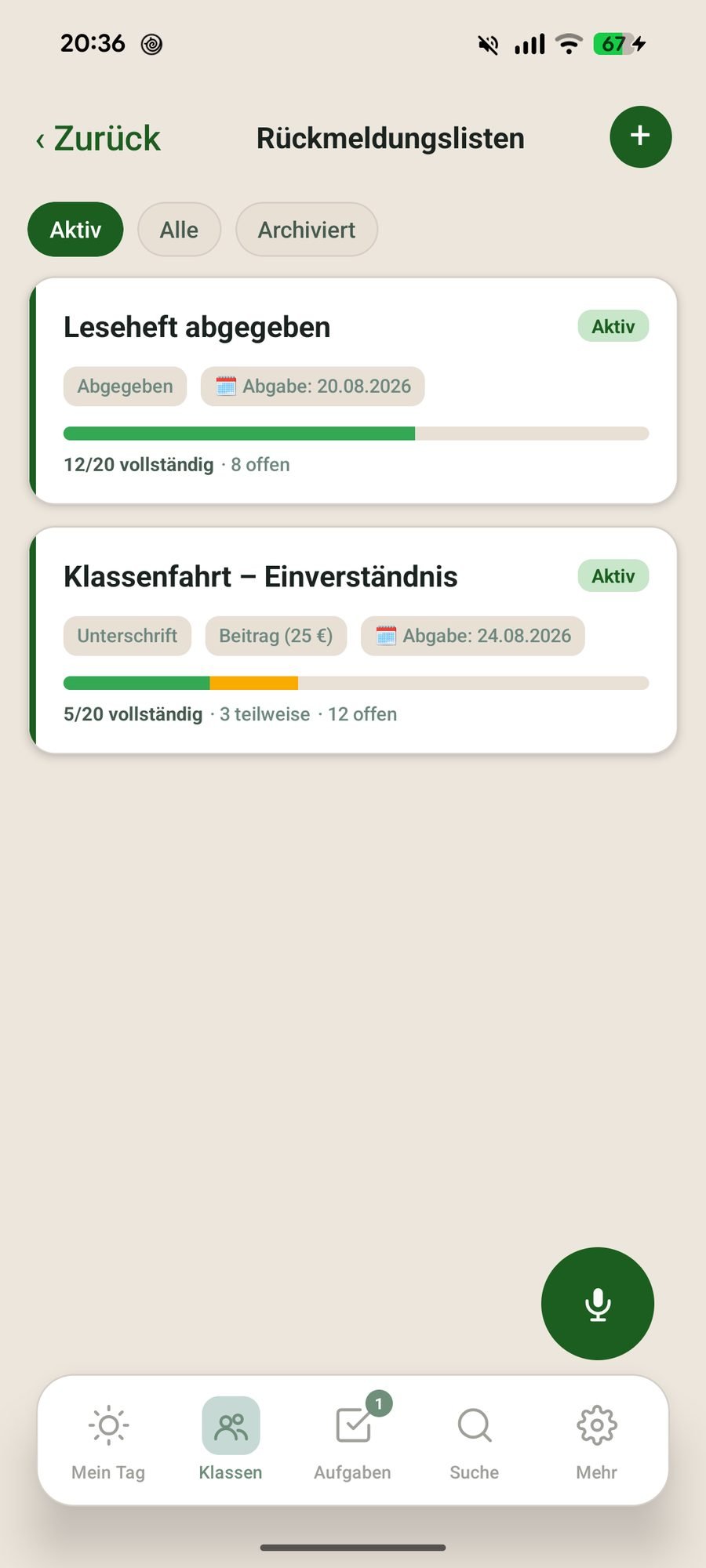 Rückmeldungsliste mit Unterschriften-Status