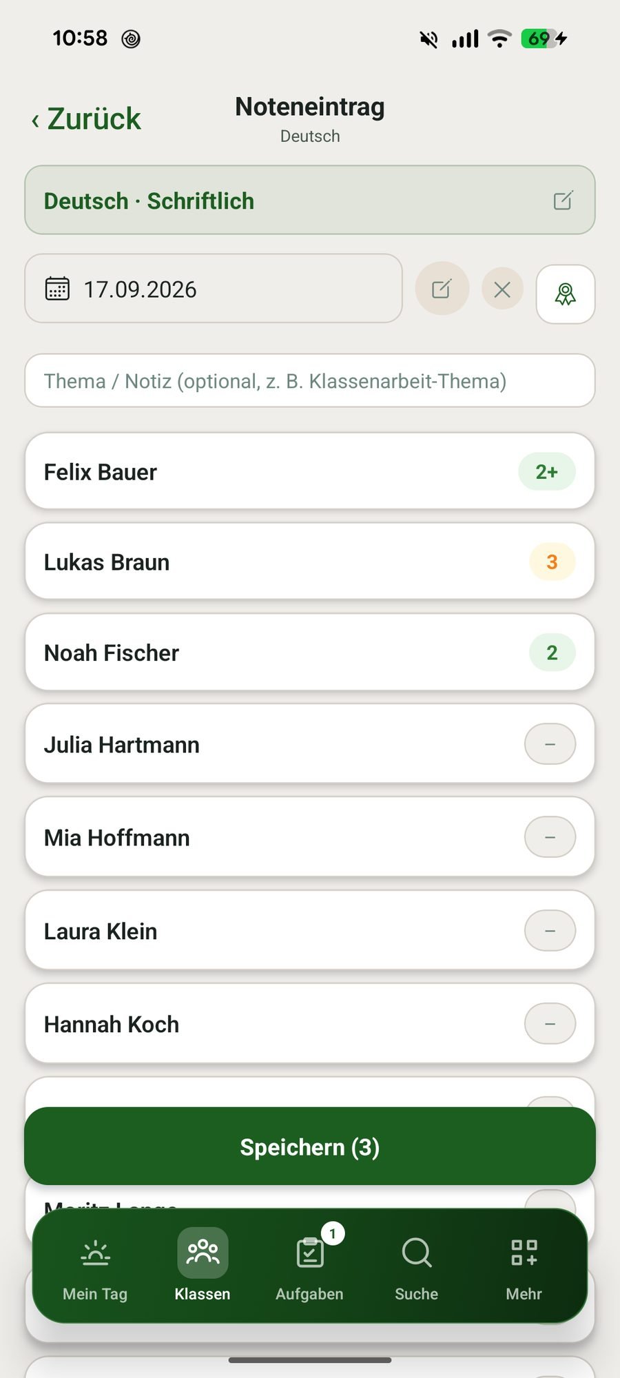 Sammel-Noteneintrag mit Schülerliste und gesetzten Noten