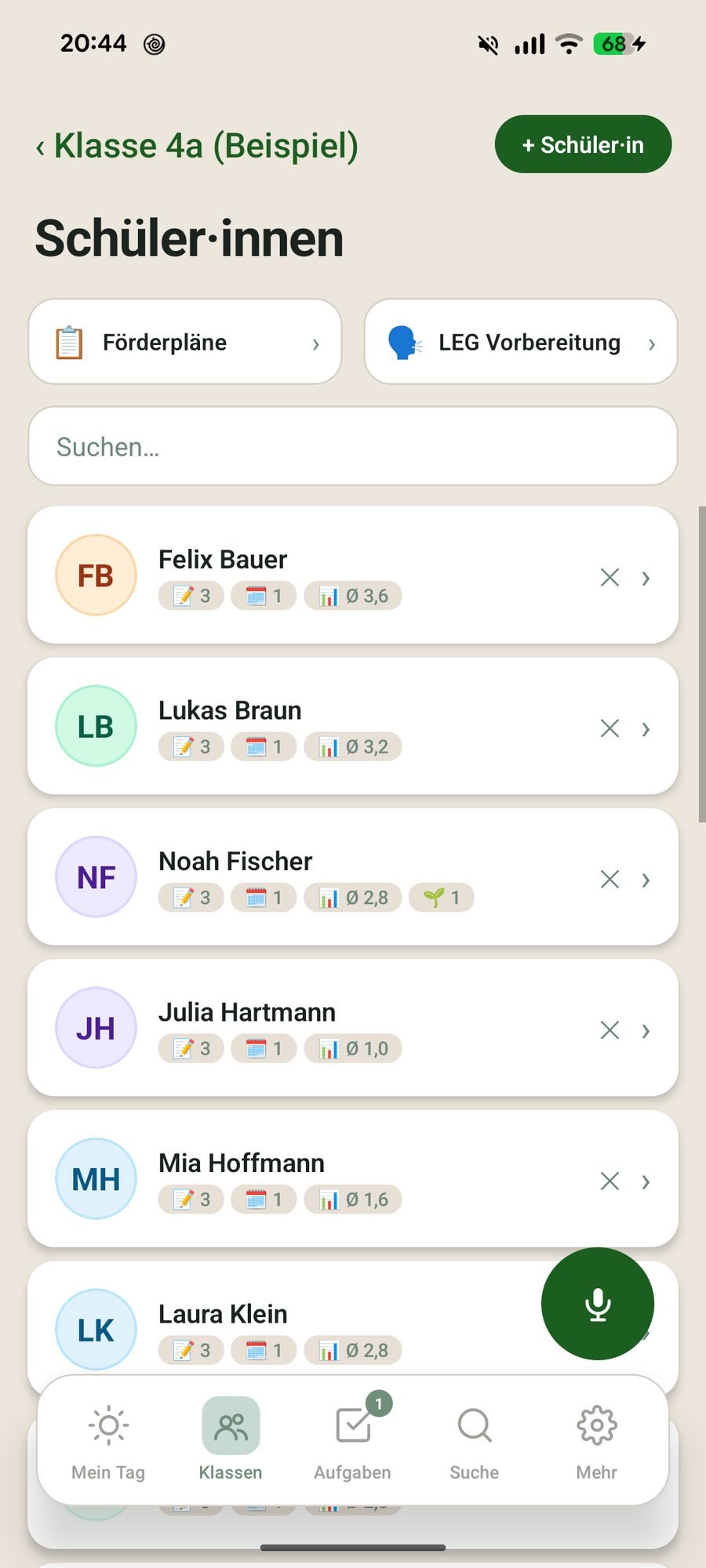 Schülerliste mit Förderplänen, LEG-Vorbereitung und Notenschnitt