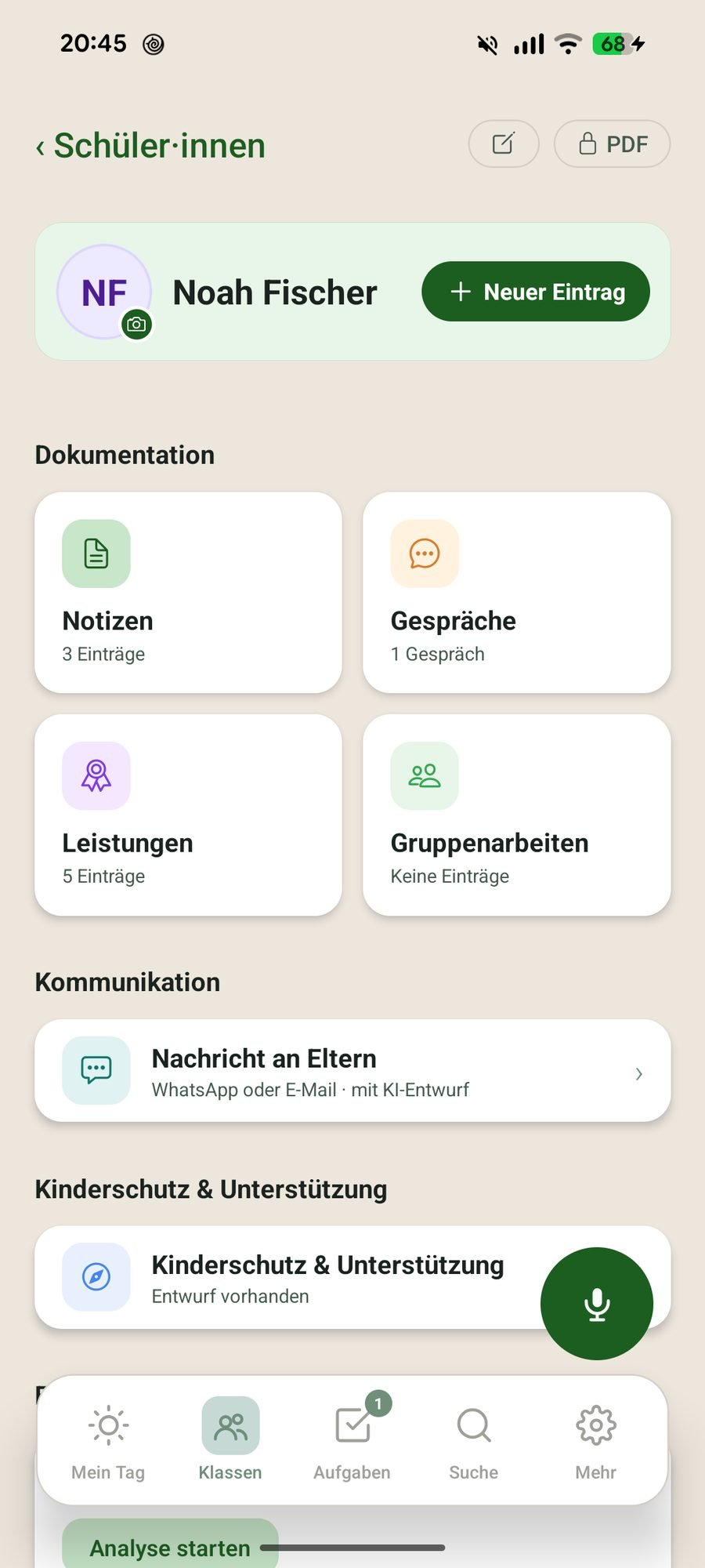 Schülerprofil mit Notizen, Gesprächen und Leistungen