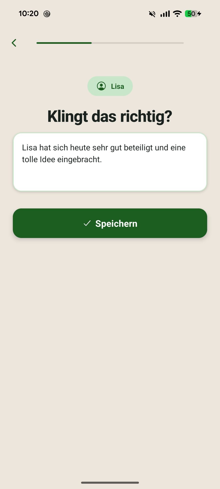 Eingesprochene Notiz wird als fertiger Text zur Bestätigung angezeigt
