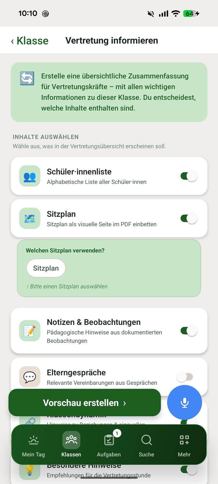 Vertretungsübersicht mit auswählbaren Inhalten