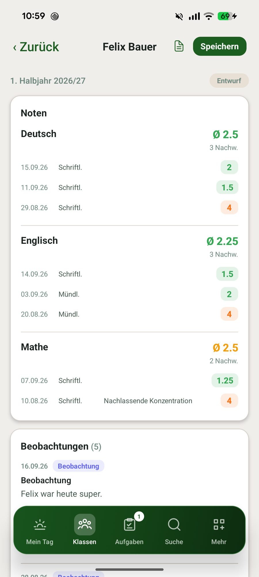 Zeugnisvorbereitung mit Noten je Fach und Beobachtungen