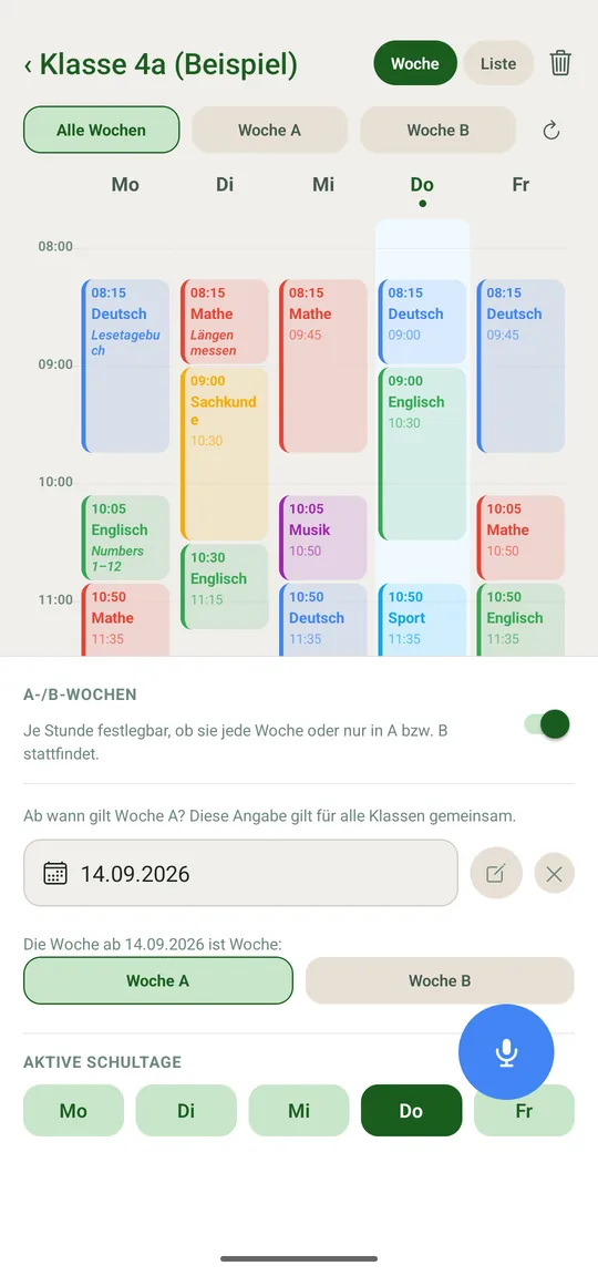 Der Schalter „A-/B-Wochen“ unten im Stundenplan, darunter die Referenzwoche