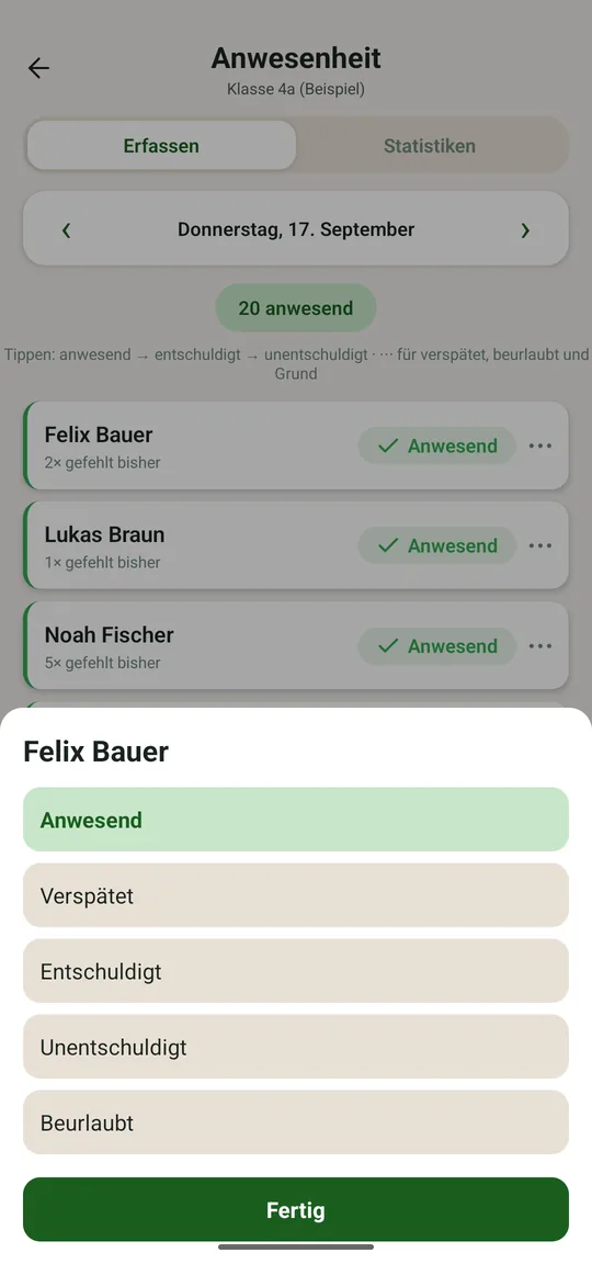 Das Detail-Feld mit allen fünf Zuständen