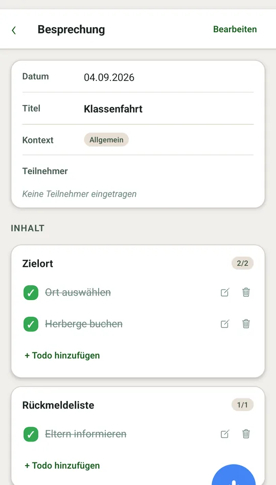 Ein Block je Tagesordnungspunkt, darin die Aufgaben