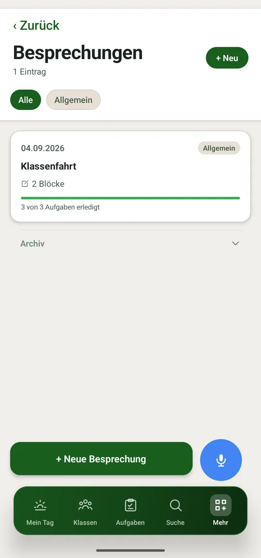 Datum, Blöcke und der Stand der Aufgaben