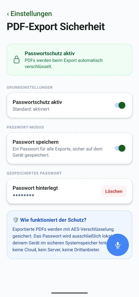 Passwortschutz, Modus und das hinterlegte Passwort