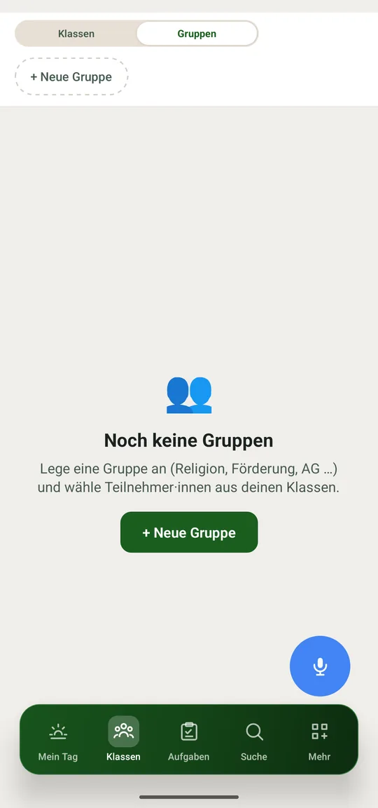 Noch keine Gruppe angelegt — der Einstieg über „+ Neue Gruppe“