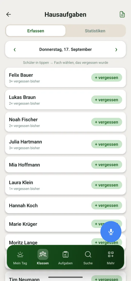 Die Klasse durchtippen, Fach wählen, fertig