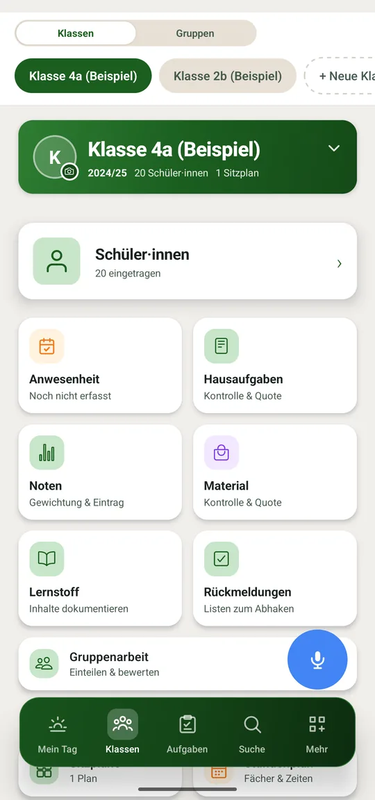 Der Umschalter zwischen Klassen und Gruppen, darunter der Klassen-Überblick