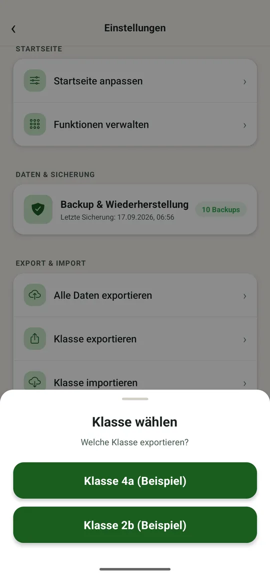 Die Klassenauswahl vor dem Export