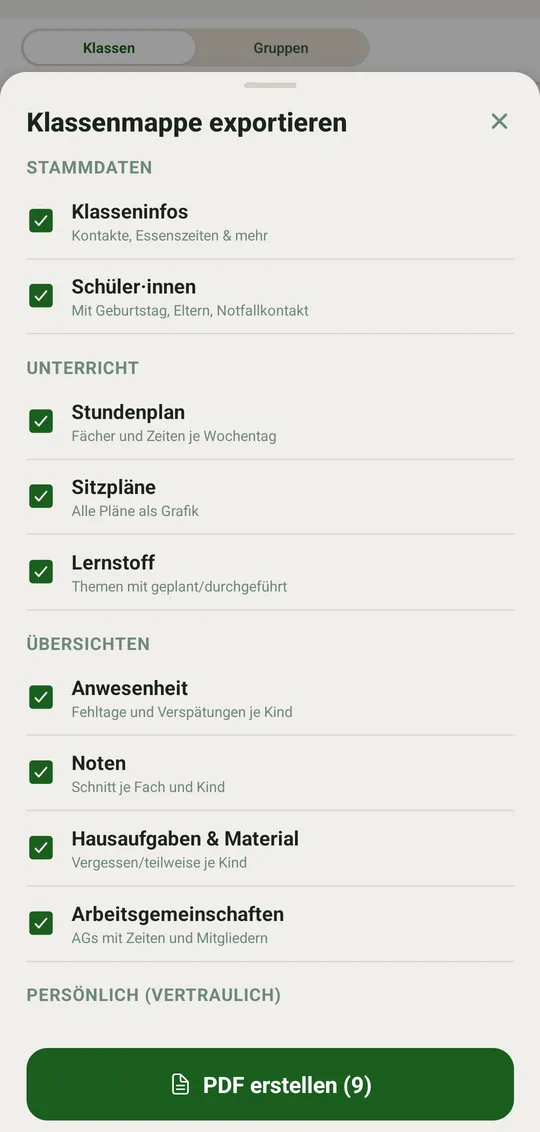 Das Auswahlblatt mit den Bereichen