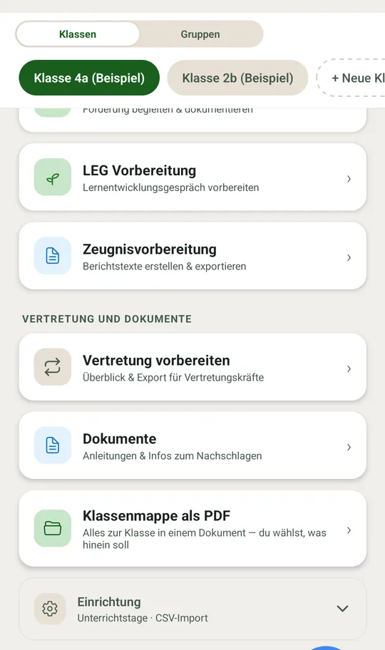 Die Klassenmappe im Klassendetail