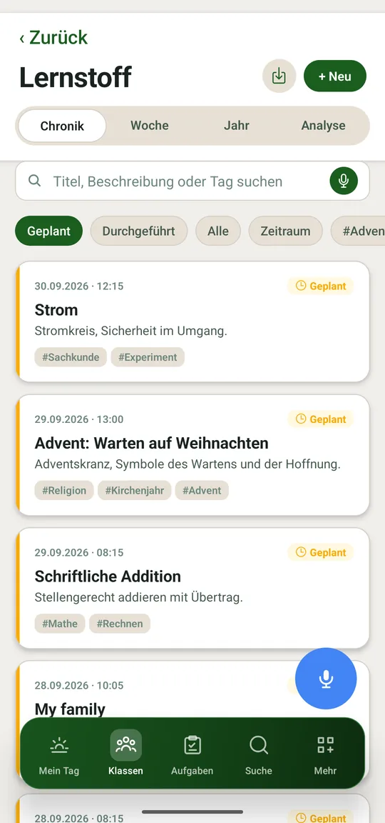 Die Chronik mit geplanten und durchgeführten Inhalten