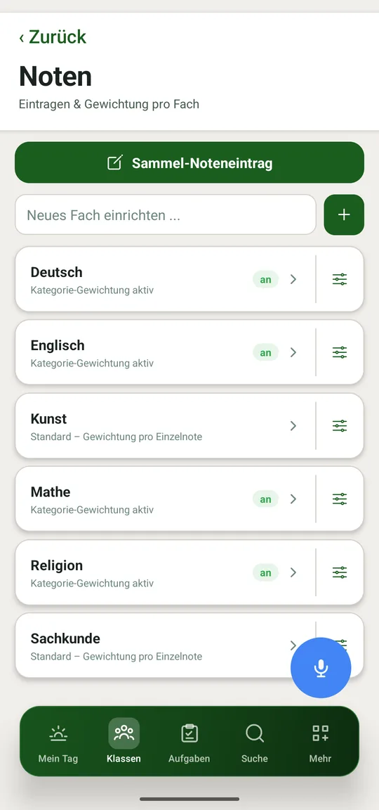 Je Fach getrennt: Kategorie-Gewichtung oder Standard