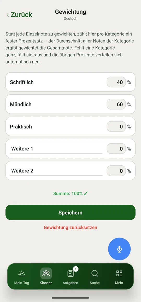 Prozentsätze je Kategorie, Summe muss 100 % ergeben