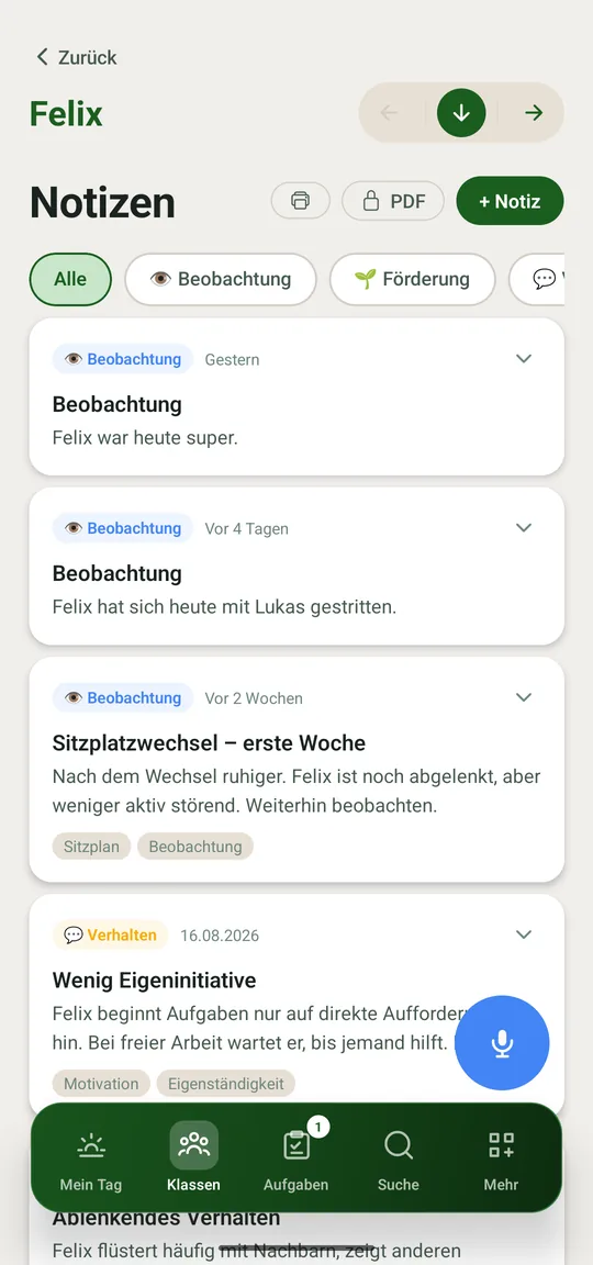 Notizen nach Art sortiert, mit Datum und Schlagwörtern