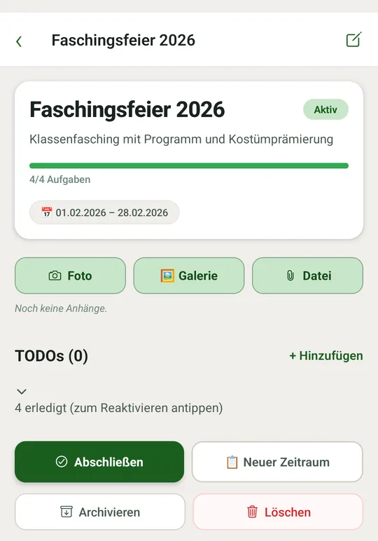 Zeitraum, Fortschritt, Anhänge und die Teilschritte
