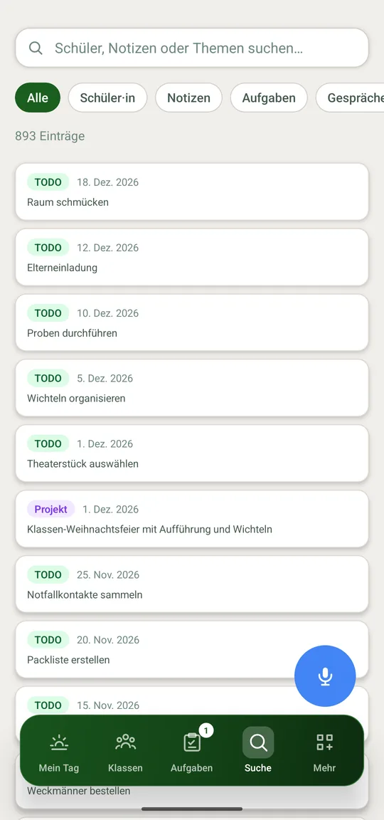 Die Suche mit Filterschaltern über allen Einträgen