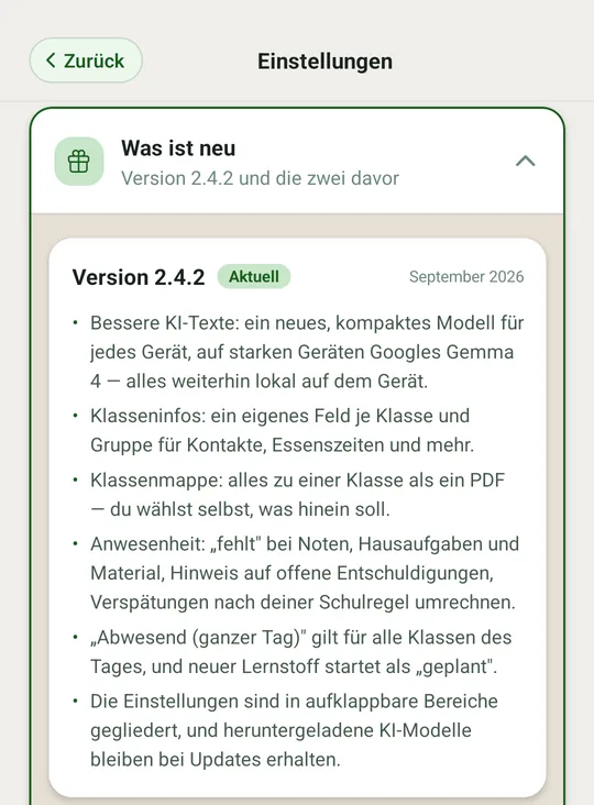 Die letzten Neuerungen, direkt in der App